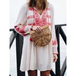 Free People Womens Wind Willow Embroidered Mini Dress Cream Red Boho (Small)